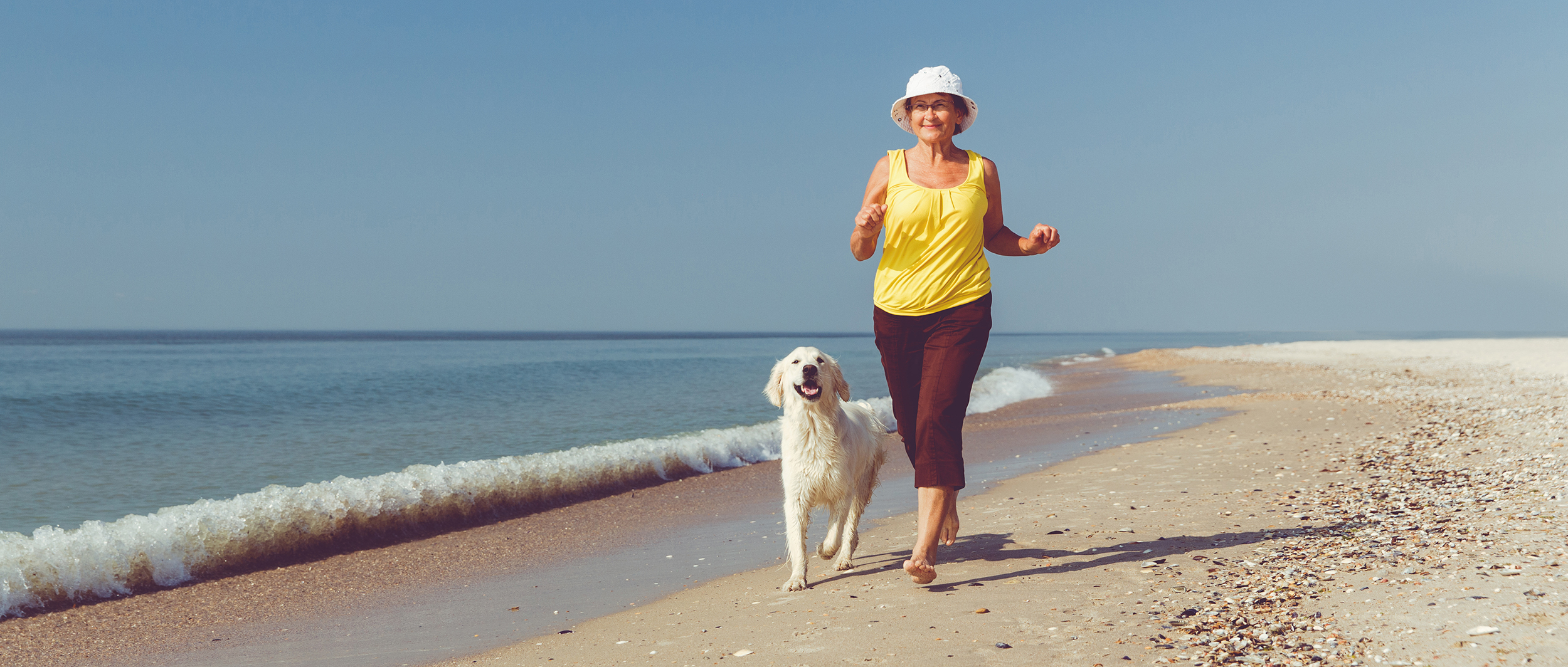 women walking with dog on great lakes beach