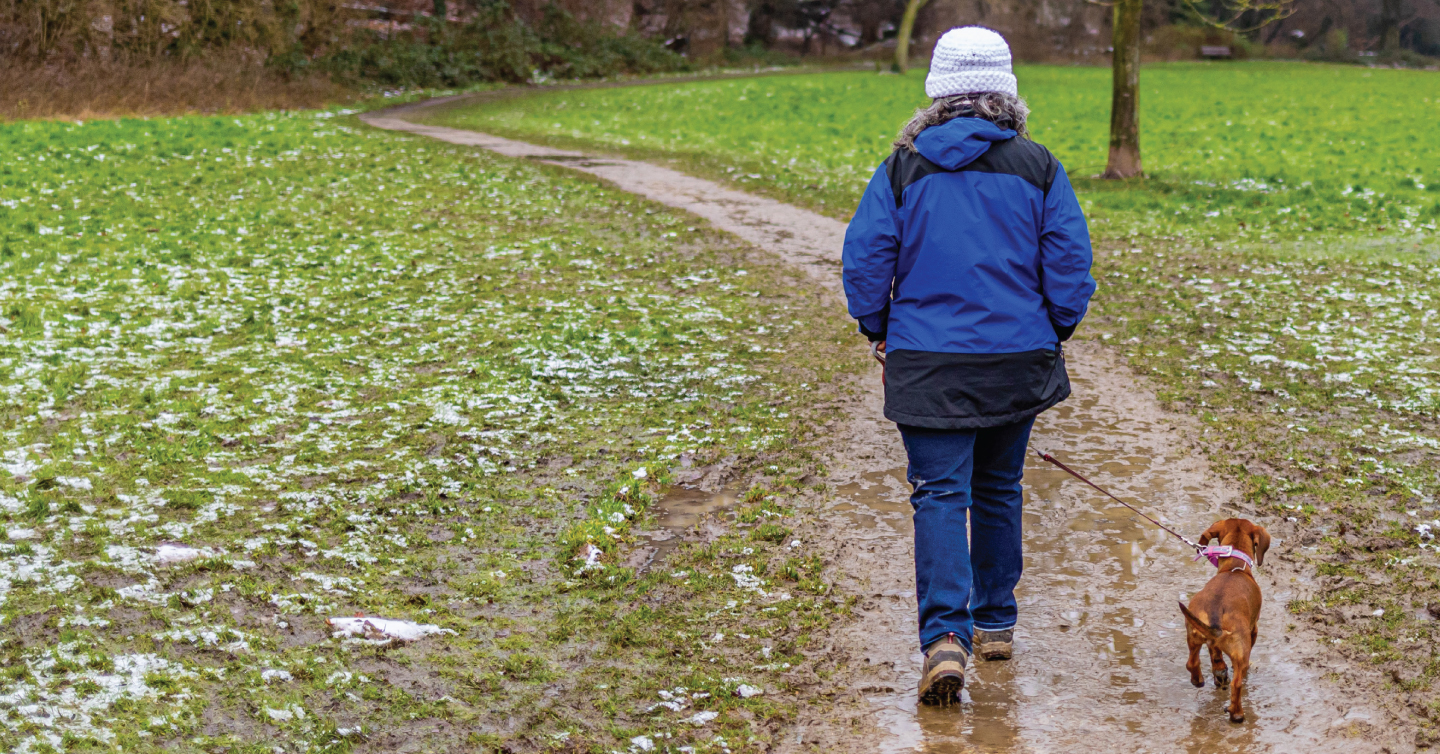 person walking their dog on a muddy rain-filled path