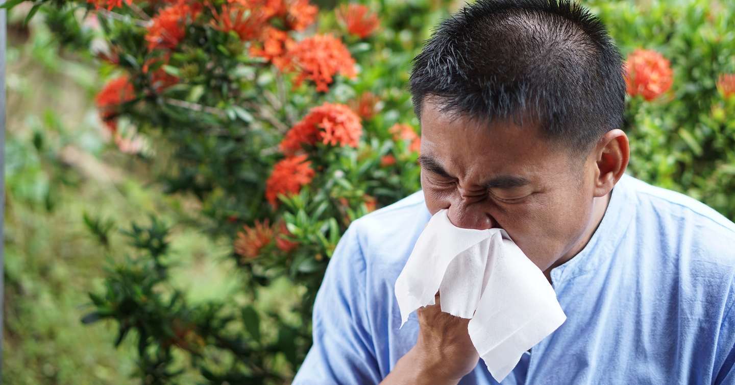 person sneezing into a tissue in the park during spring allergies