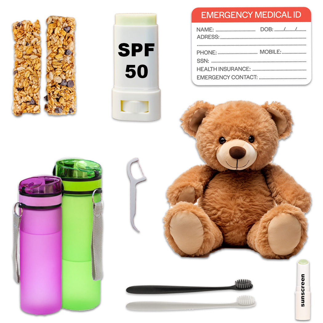 essential things to put in your kid's backpack, including tooth brush, floss, water bottle, granola bar, teddy bear, emergency card and sunscreen