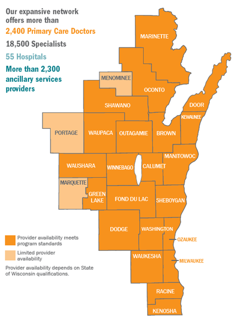 2024 network health etf service area map showing eastern wisconsin counties